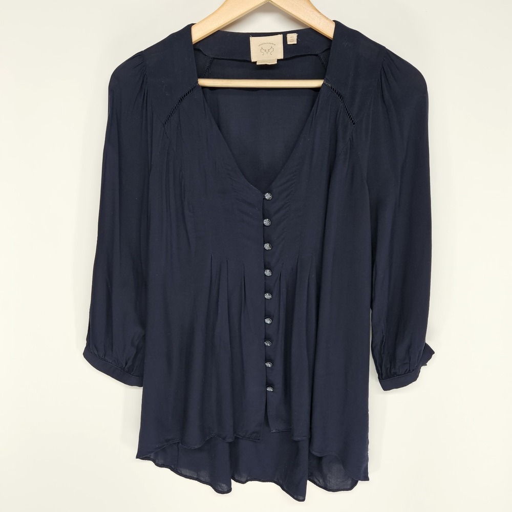 Vanessa Virginia Blouse Women 0 Navy Blue Button‎ Front V-Neck Anthropologie